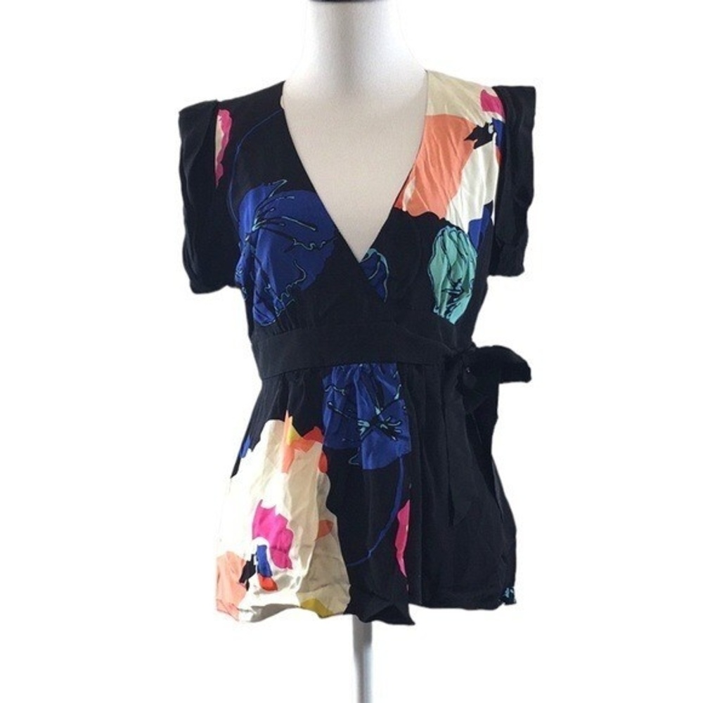Tibi Black Blue Floral V Neck Silk Wrap Blouse Womens 0 Belted Short Sleeve